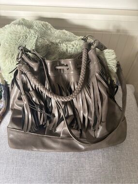 Fringed Shoulder Bag in Taupe Faux Leather